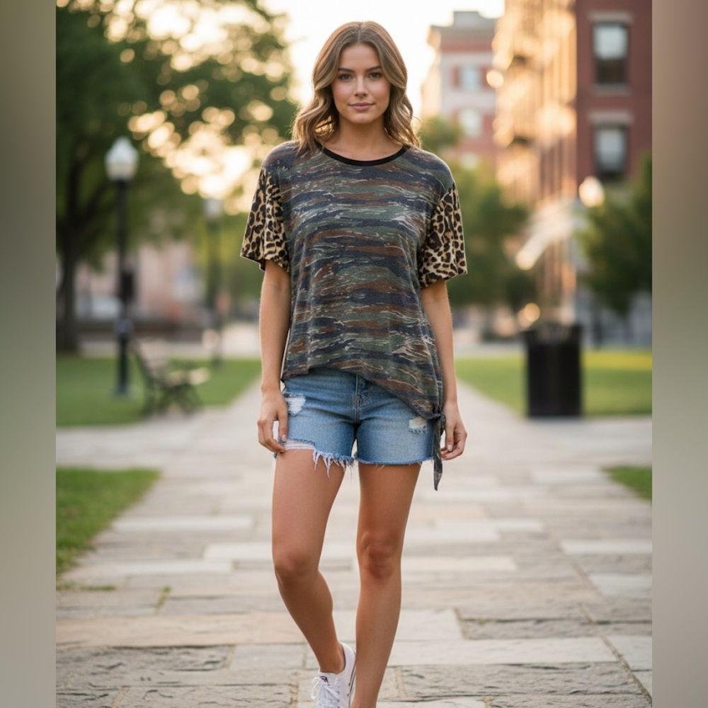 Denim & Supply Ralph Lauren Camo Leopard Mix Media Side Tie Tee Shirt L